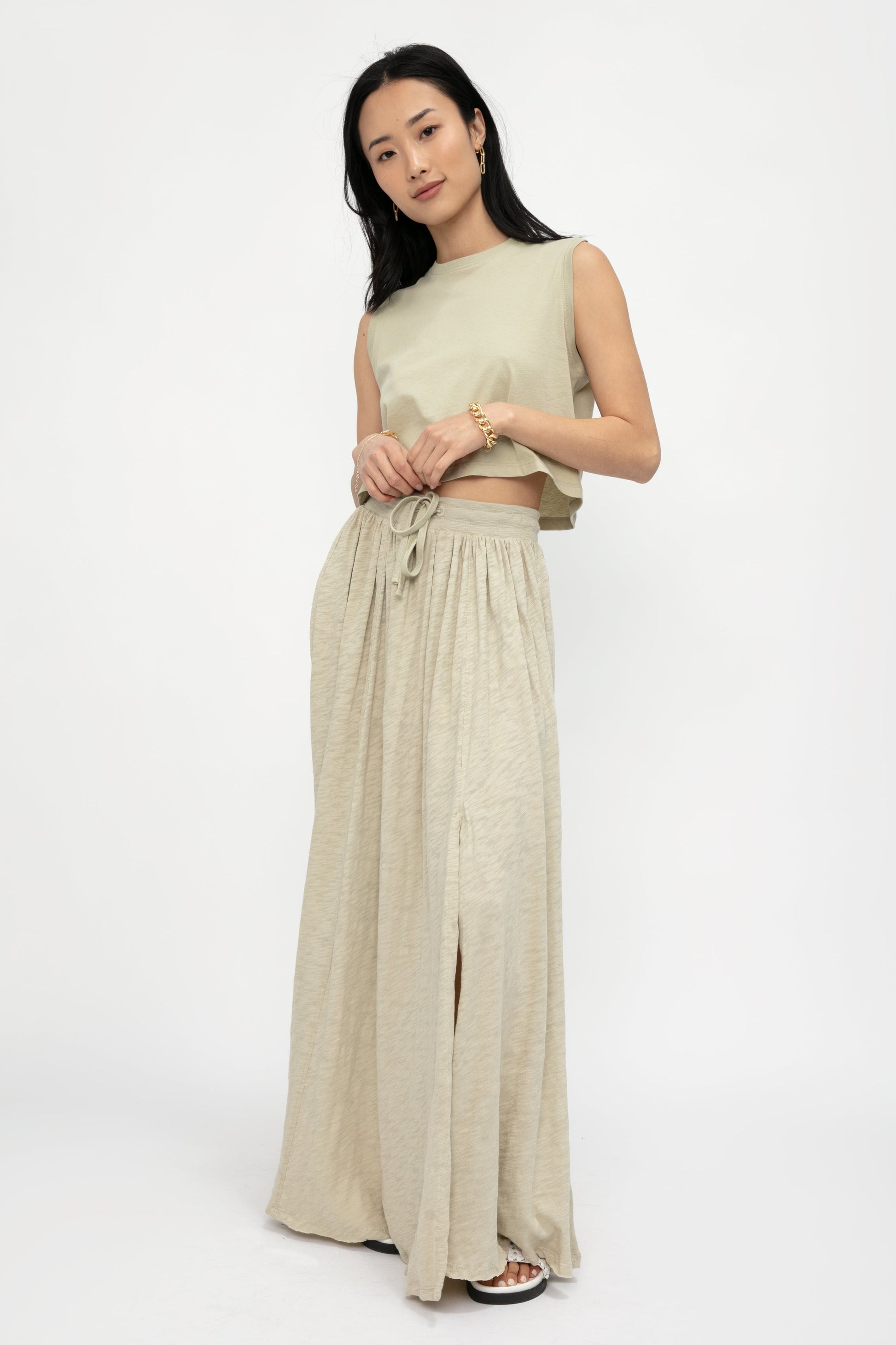 ATM Maxi Skirt With Slit in Faded Moss