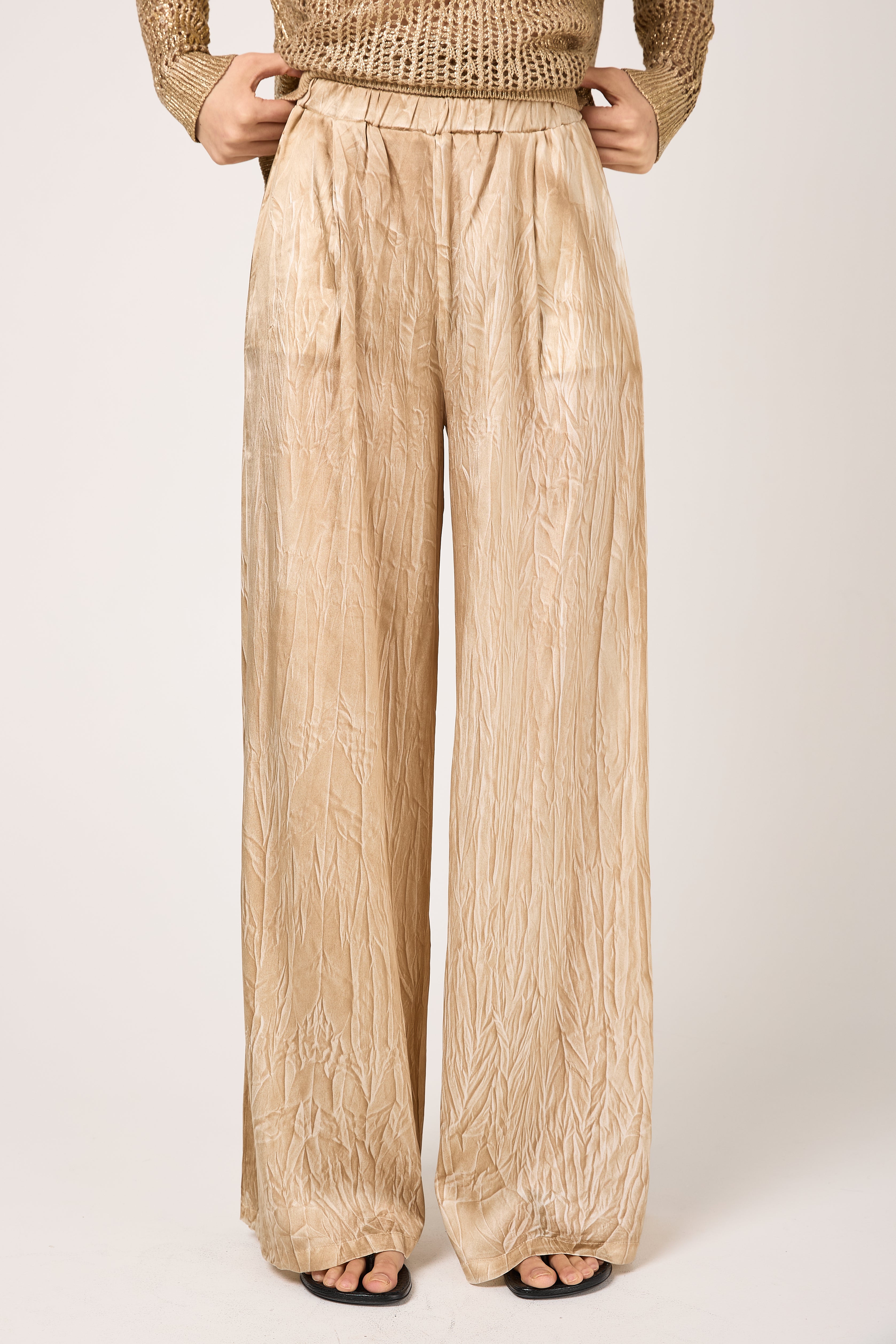 Crumpled Effect Silk Palazzo Trouser Pant in Sughero