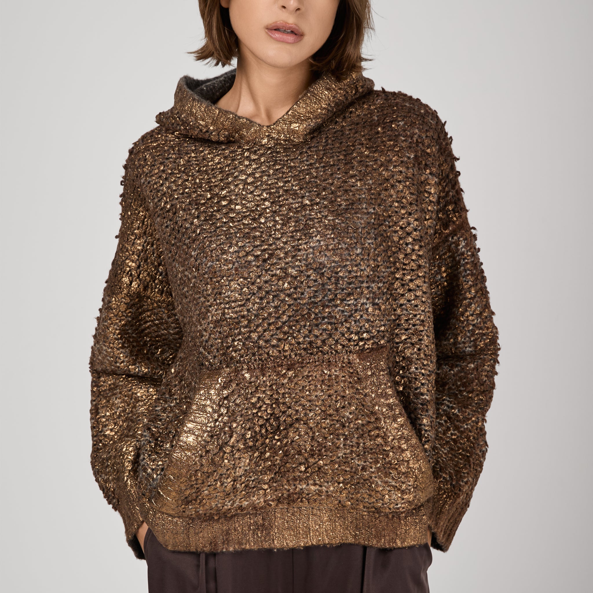 Hand Painted Furry Stitch Hooded Pullover with Lamination in Antilope