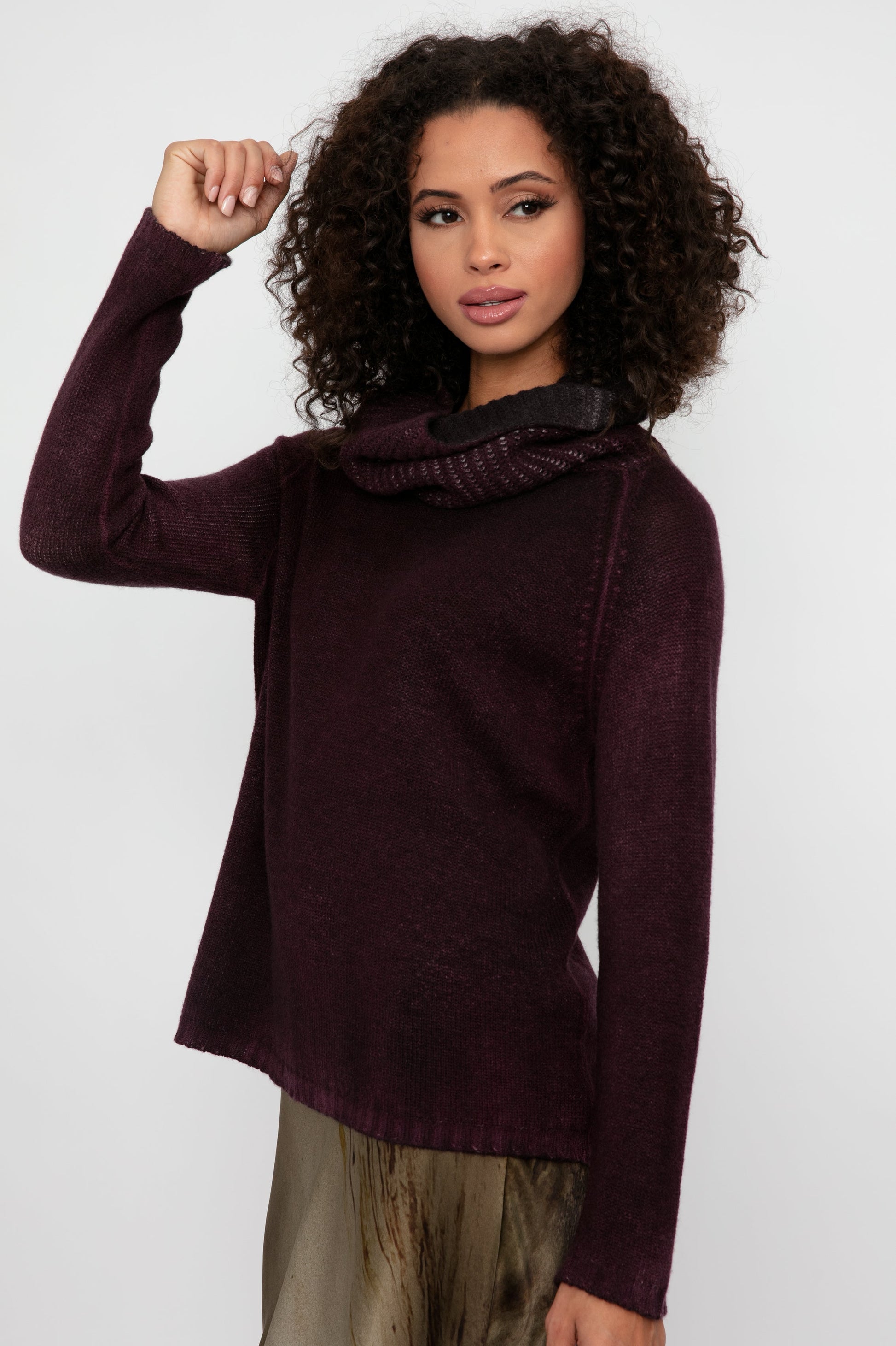 AVANT TOI Hand Painted High Neck Pullover Sweater in Rhubarb