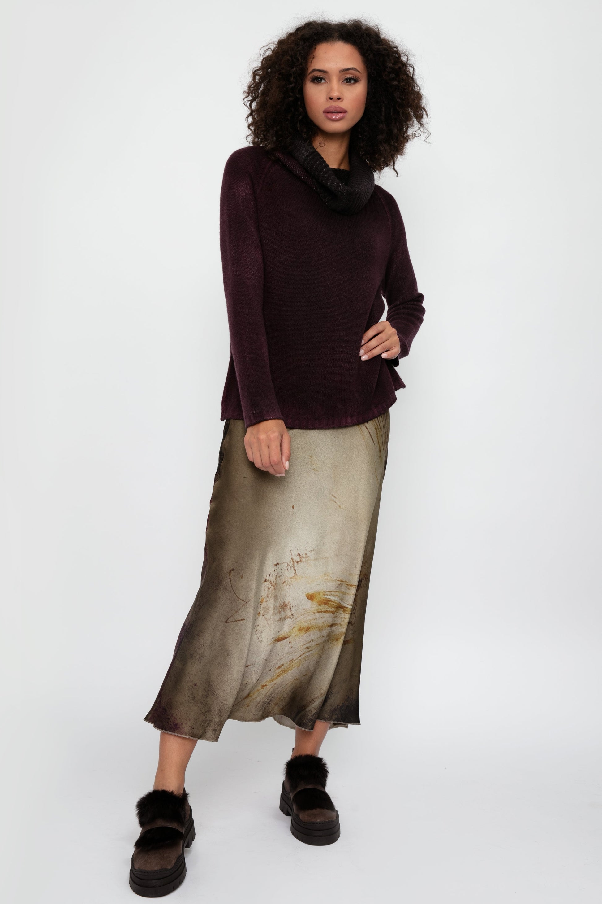 AVANT TOI Hand Painted High Neck Pullover Sweater in Rhubarb