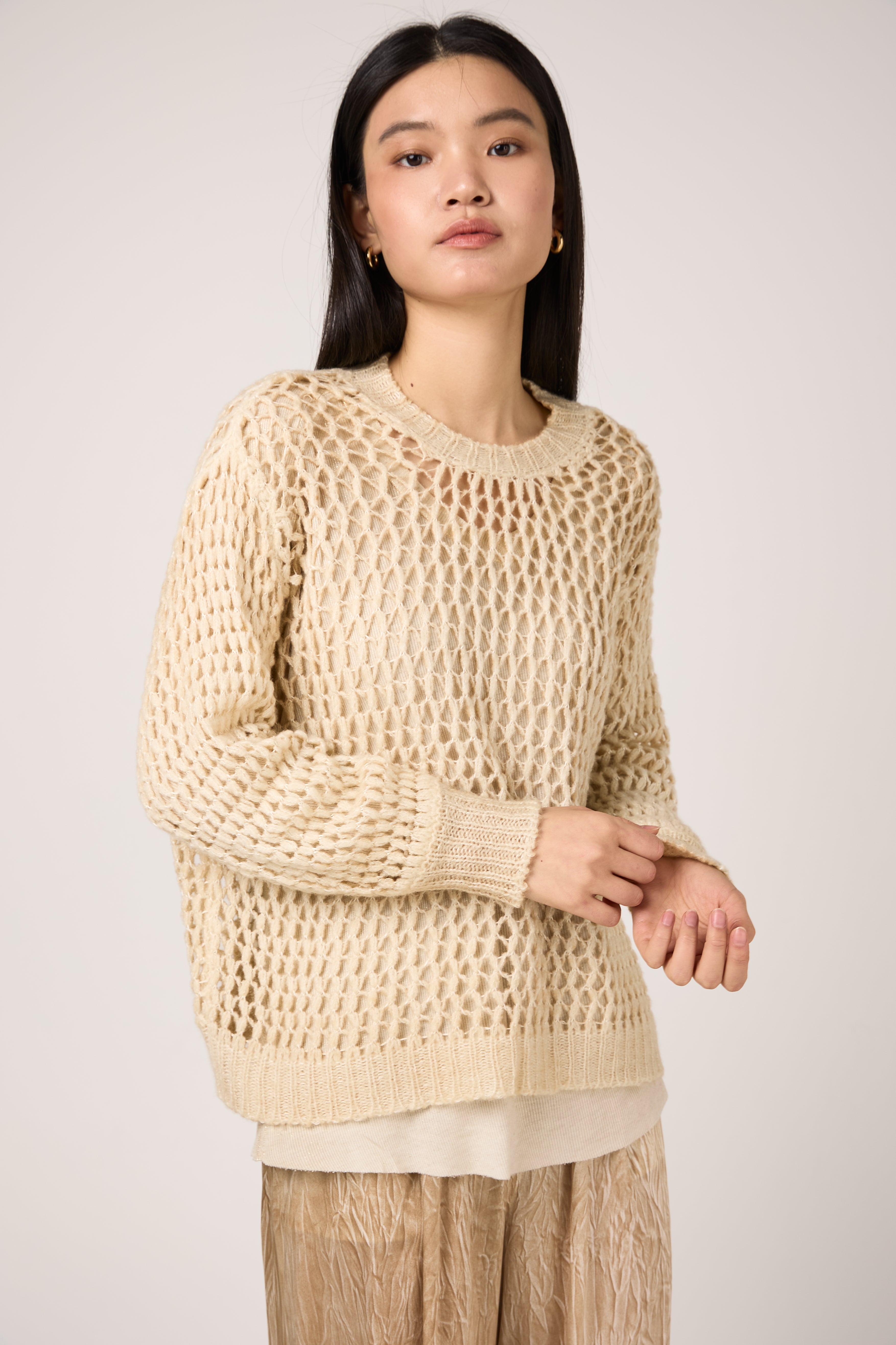 Hand Painted Lace Stitch Cashmere Silk Pullover in Vaniglia