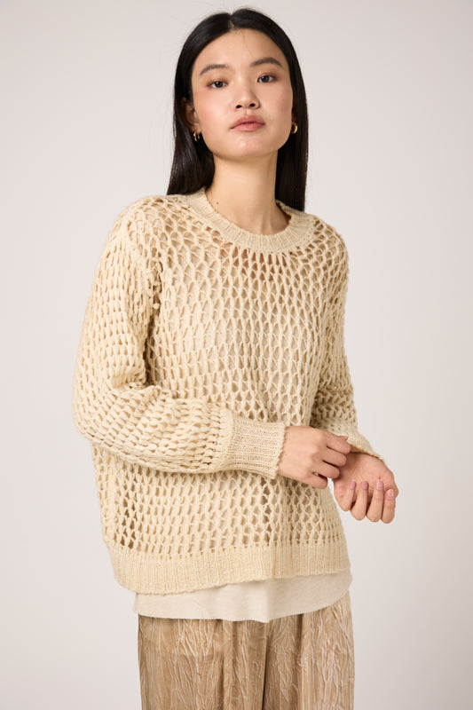 Hand Painted Lace Stitch Cashmere Silk Pullover in Vaniglia