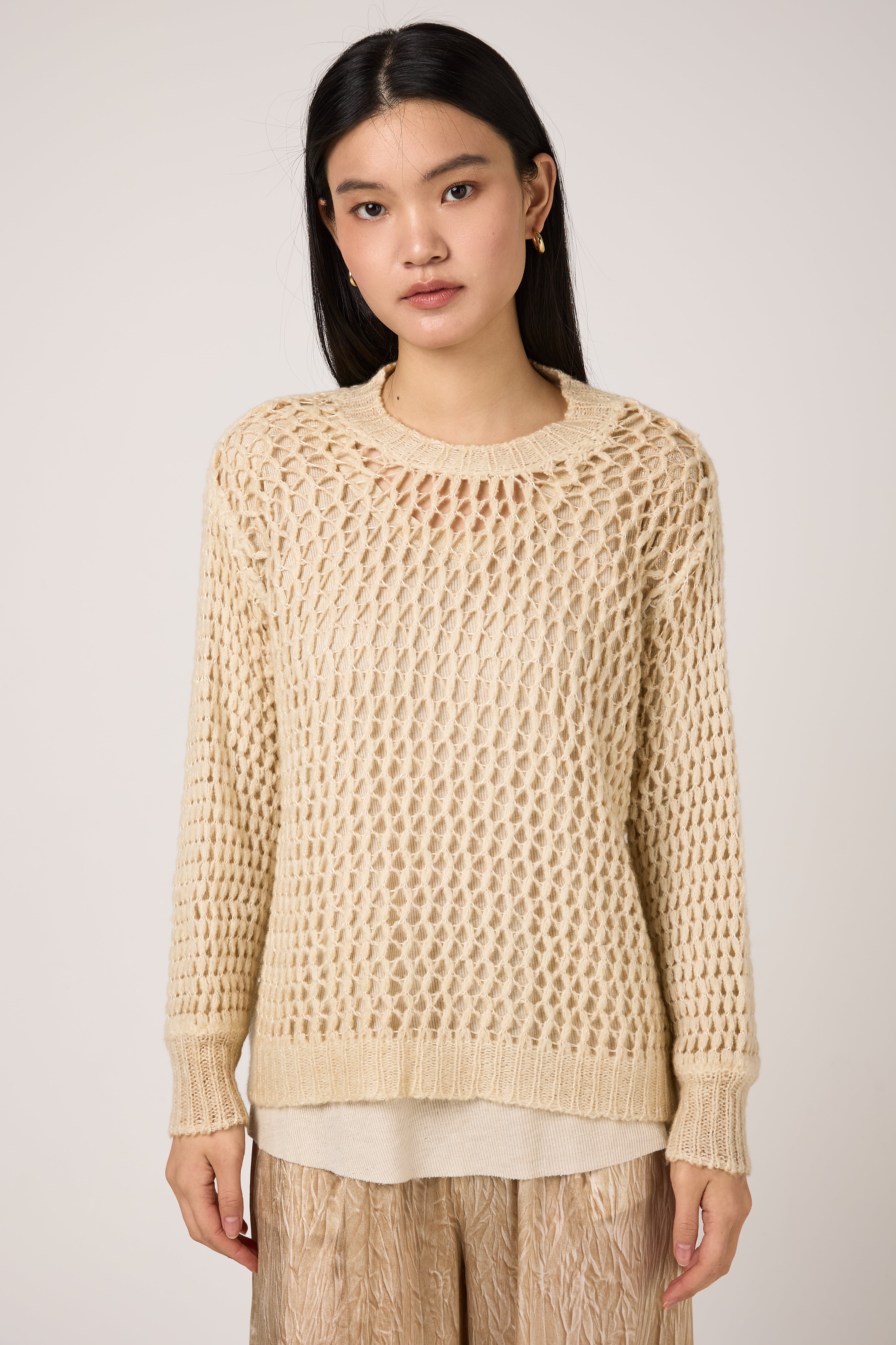 Hand Painted Lace Stitch Cashmere Silk Pullover in Vaniglia