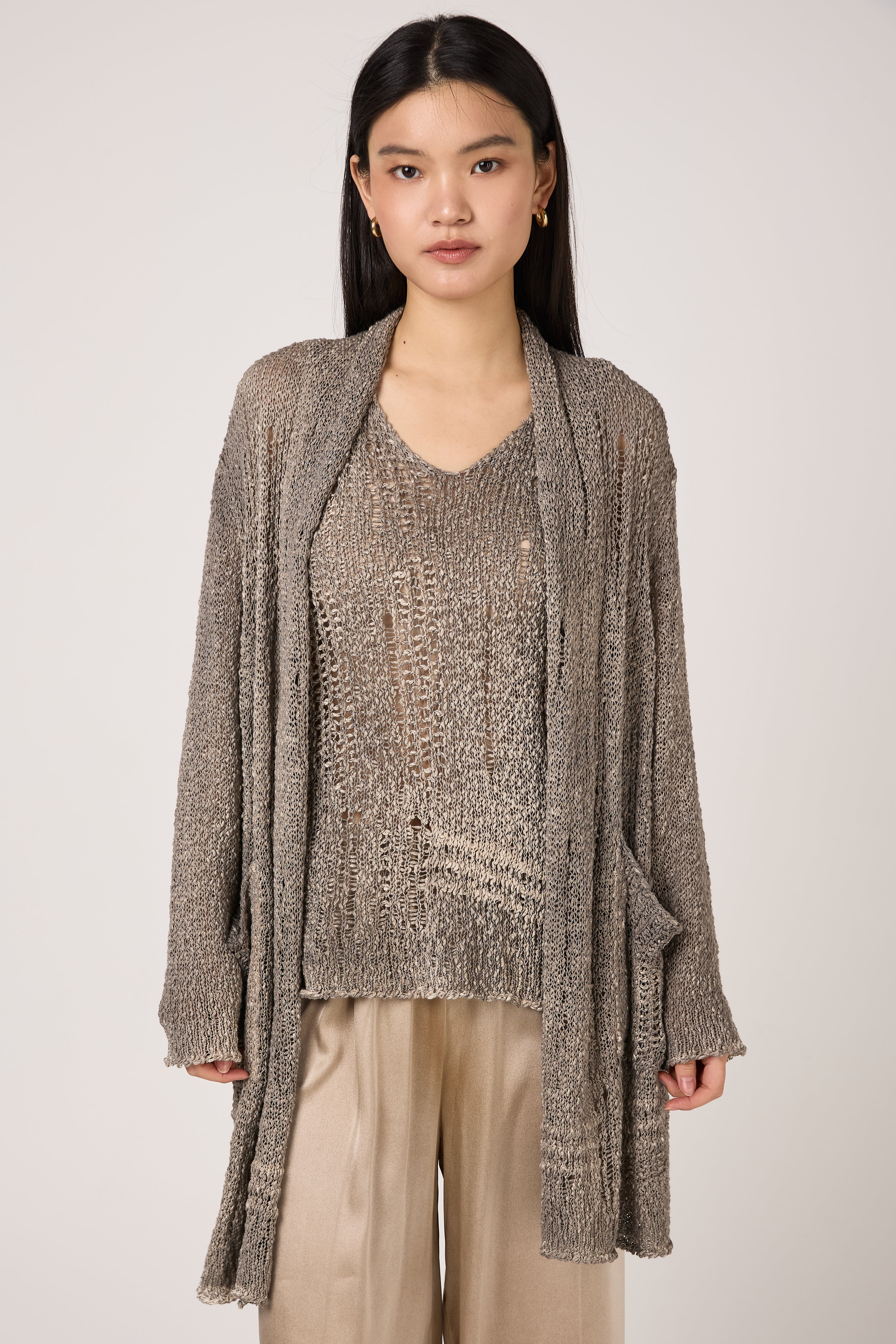 Hand Painted Openwork Knit Shawled Cardigan in Fango