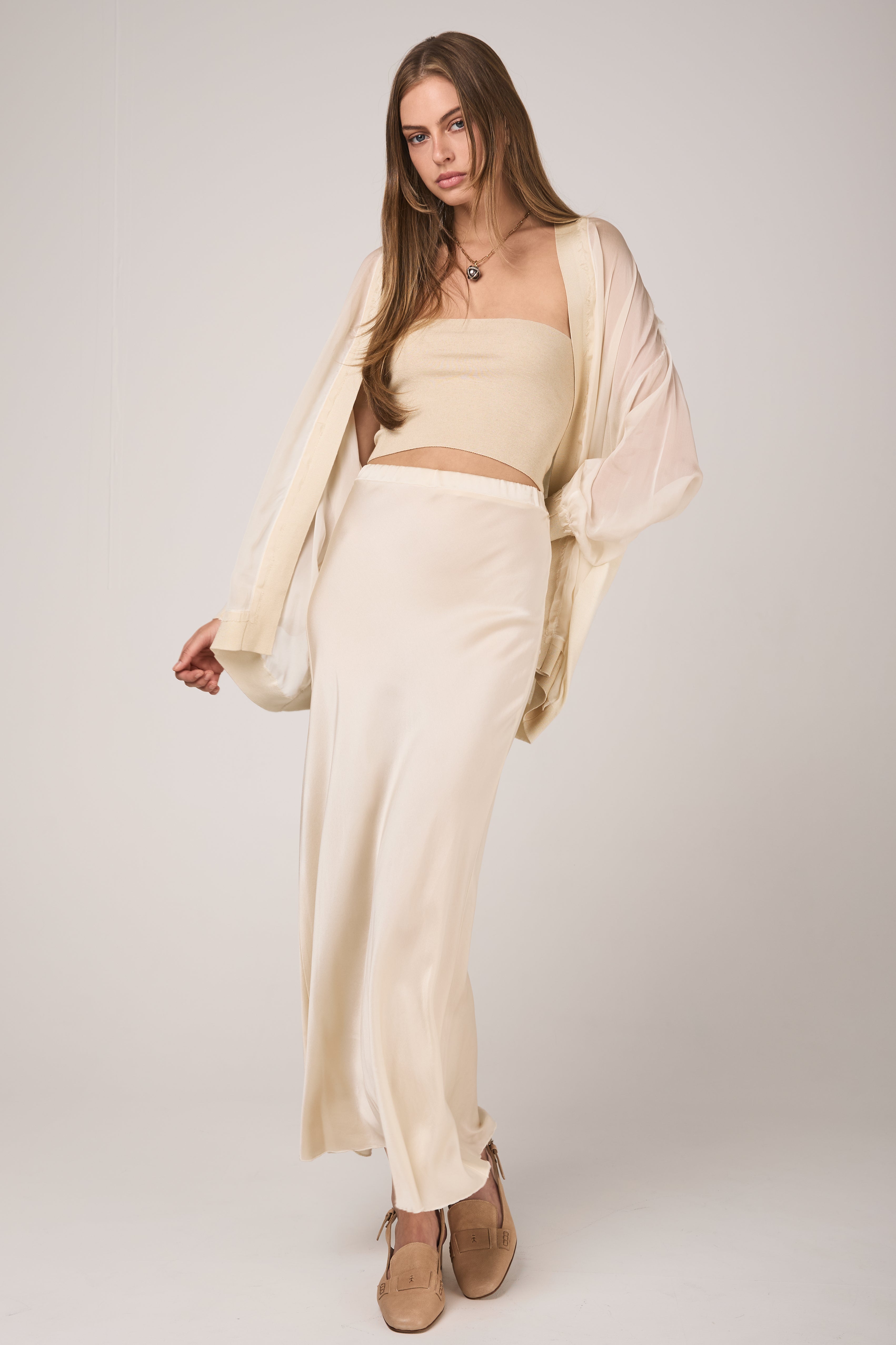 Hand Painted Silk Long Skirt in Vaniglia