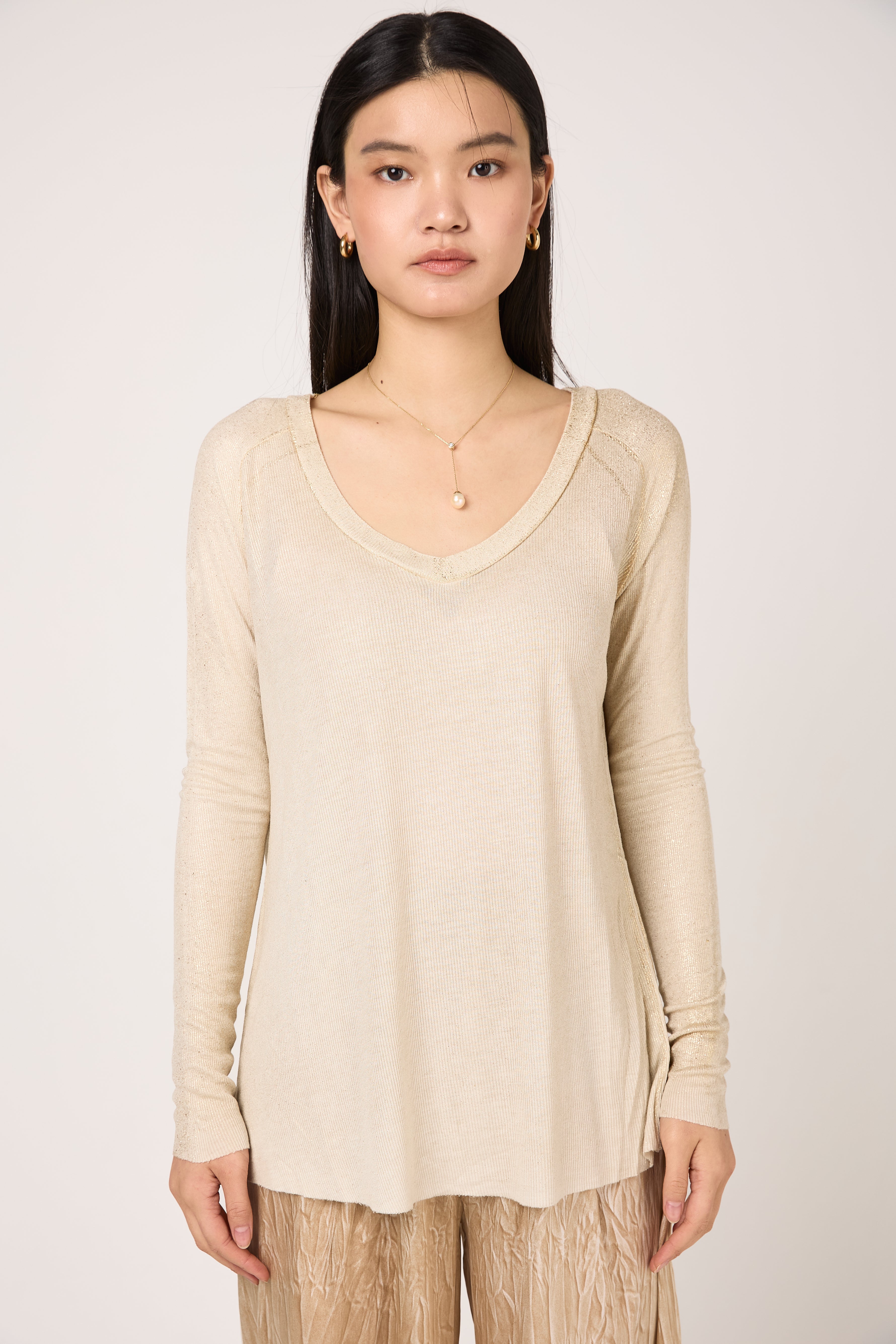 Laminated Ribbed Long Sleeves T-Shirt in Vaniglia