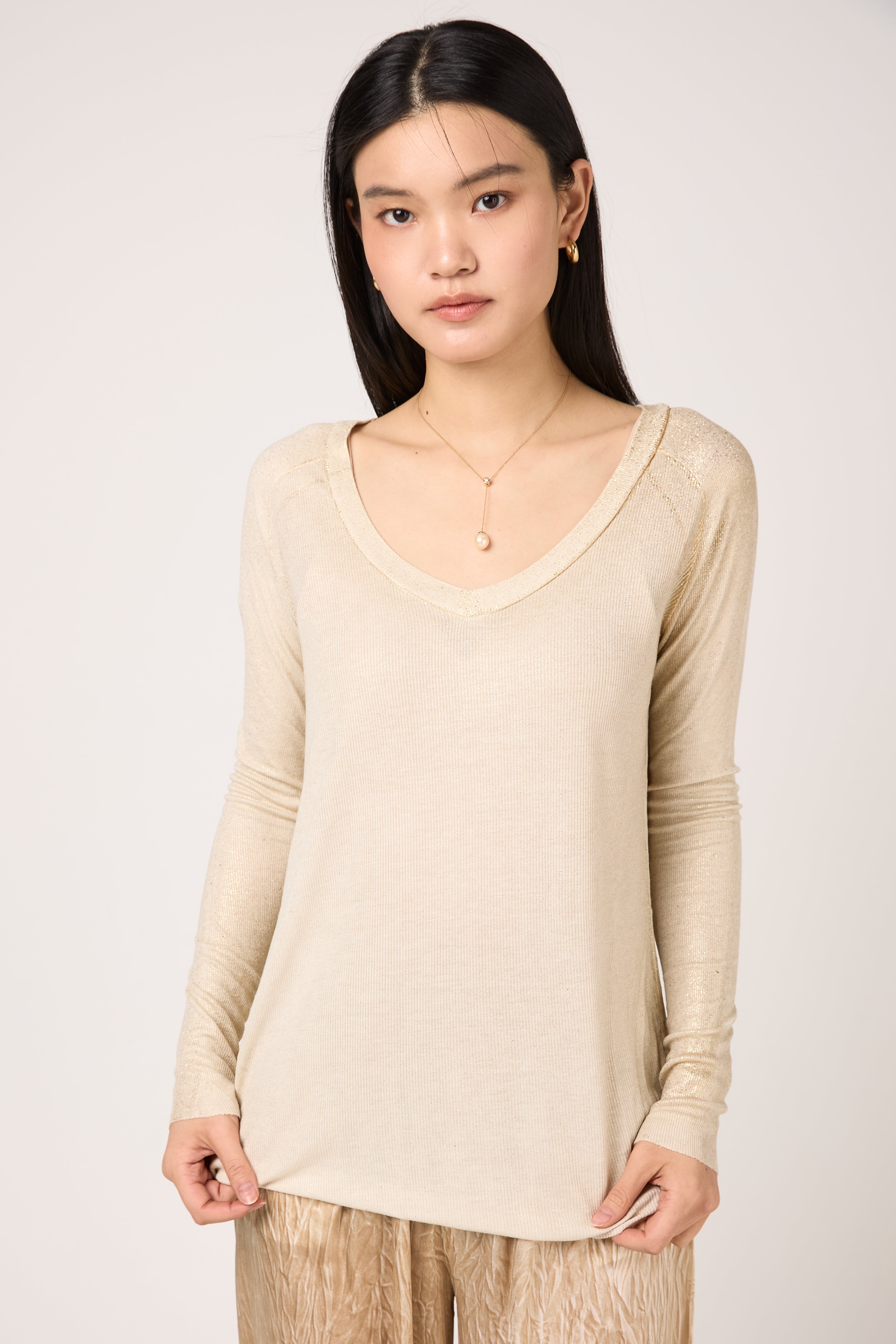 Laminated Ribbed Long Sleeves T-Shirt in Vaniglia