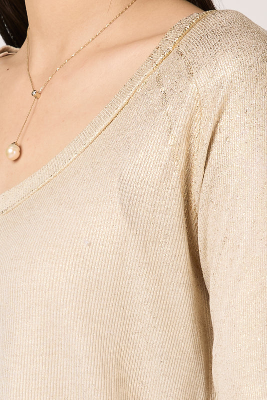 Laminated Ribbed Long Sleeves T-Shirt in Vaniglia