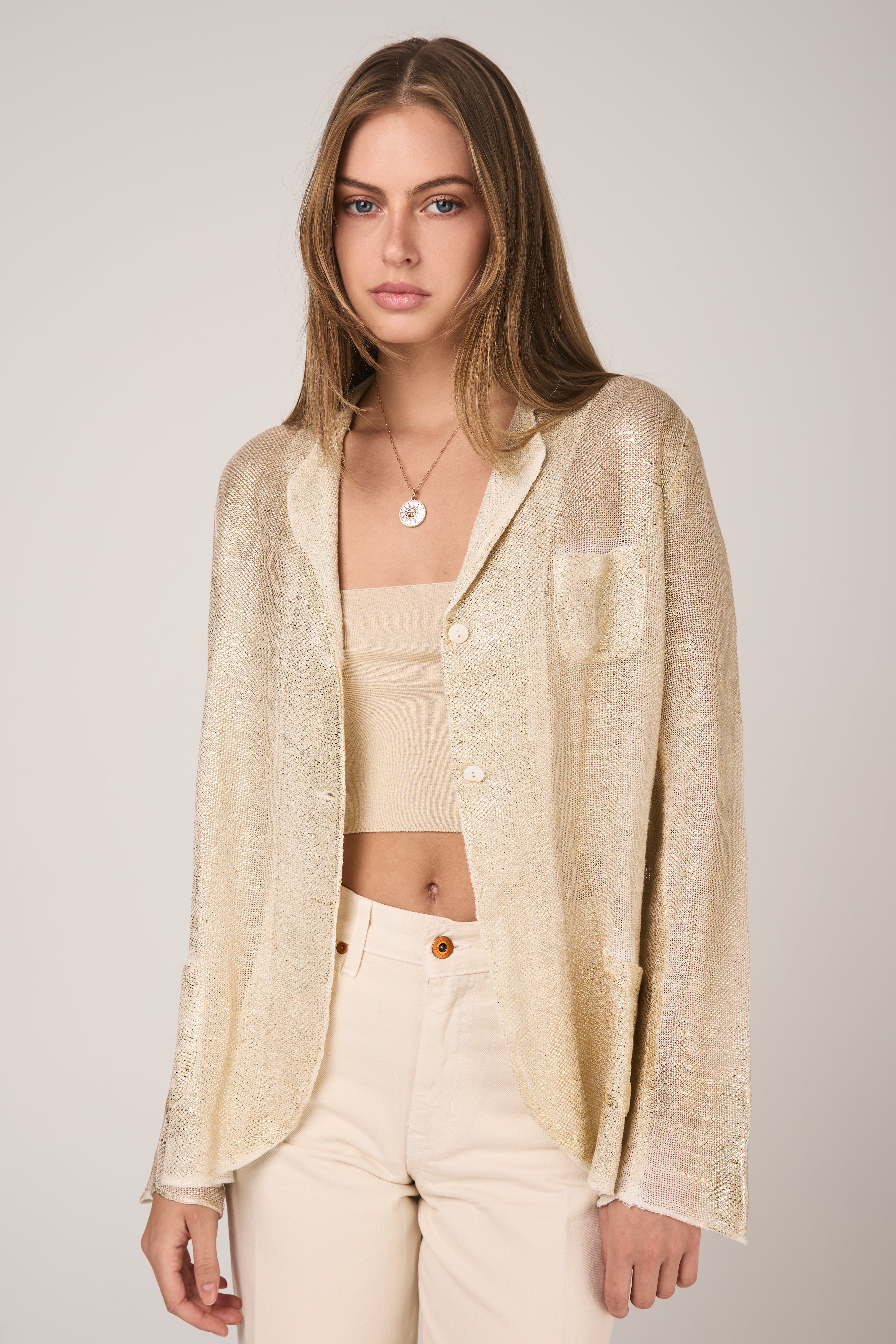 Linen Cotton Net Blazer Jacket with Lamination in Oro