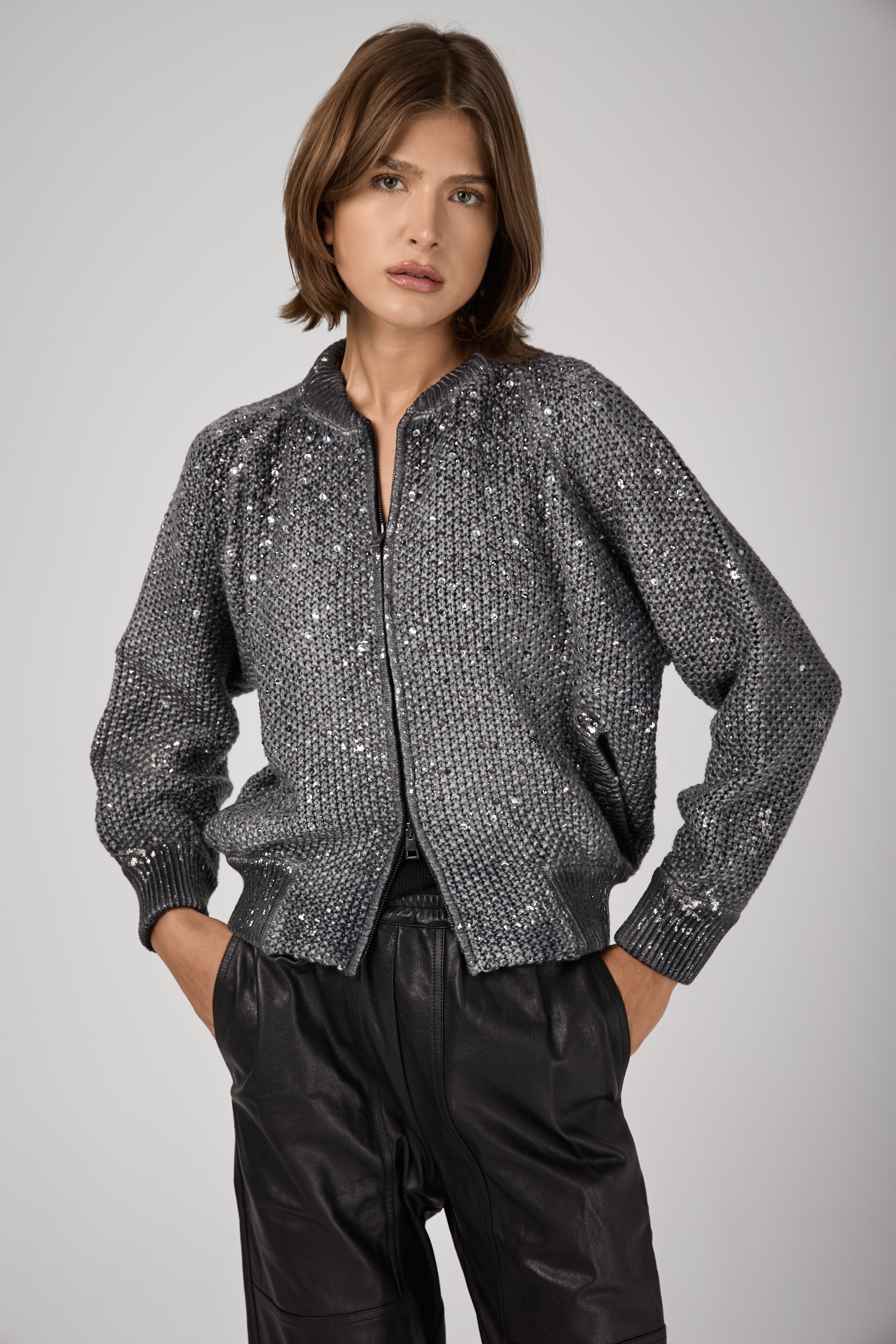 Shadow Lamination Strassed Bomber Jacket in Husky