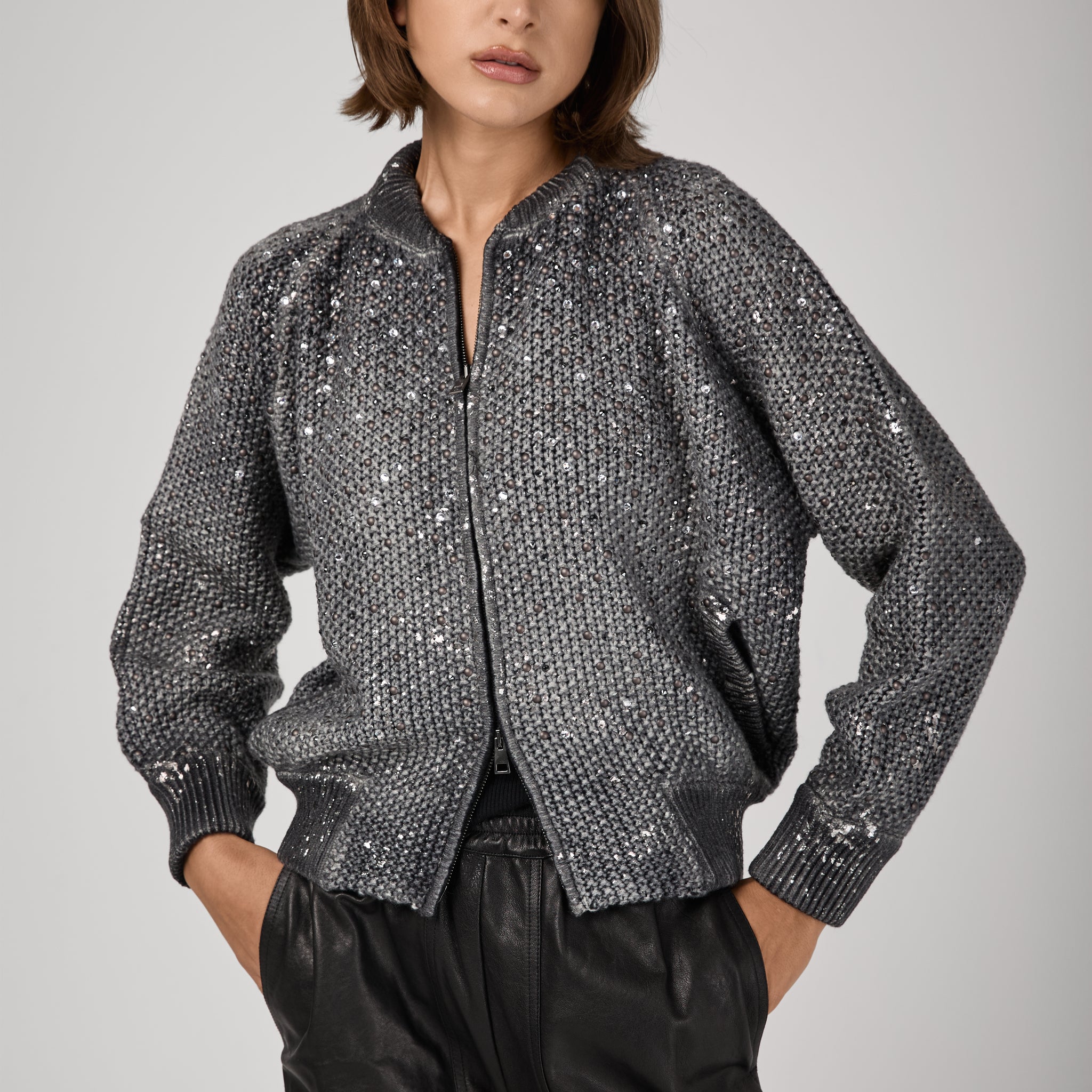 Shadow Lamination Strassed Bomber Jacket in Husky