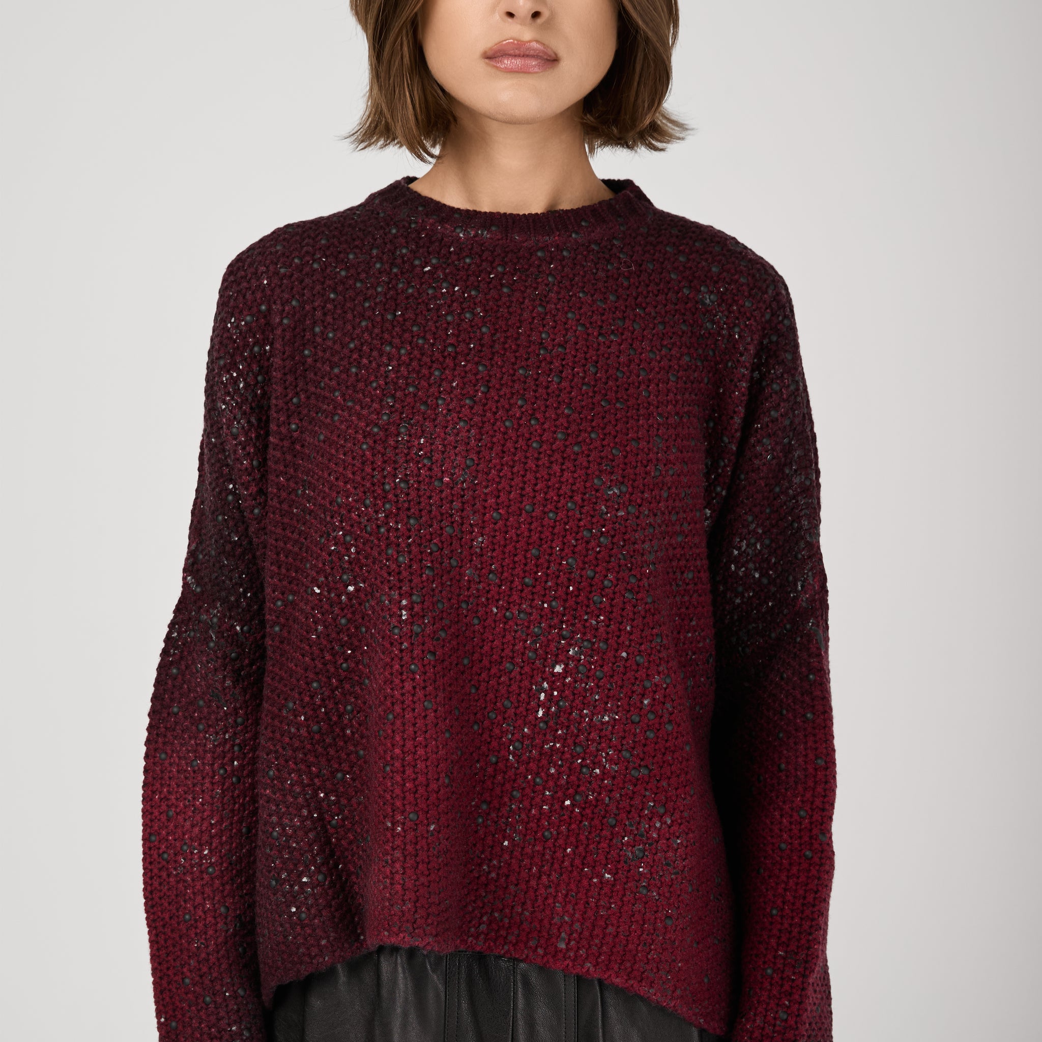 Shadow Lamination Studded Oversized Pullover in Wine