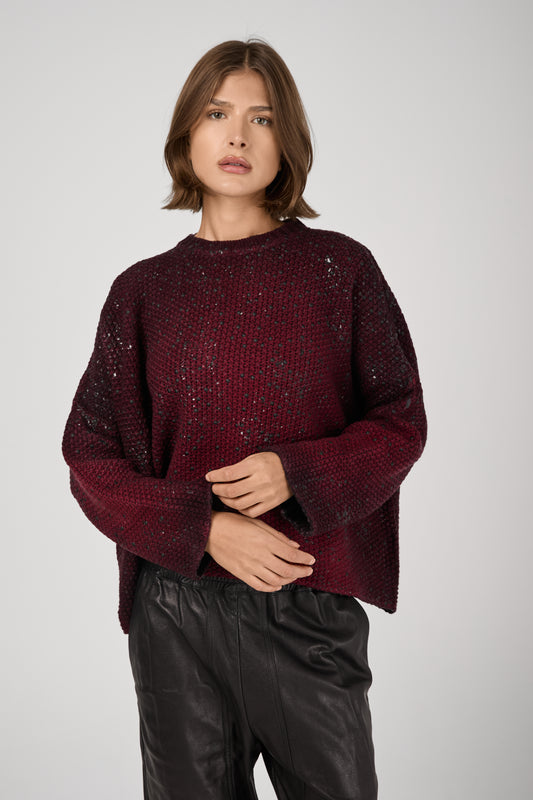 Shadow Lamination Studded Oversized Pullover in Wine