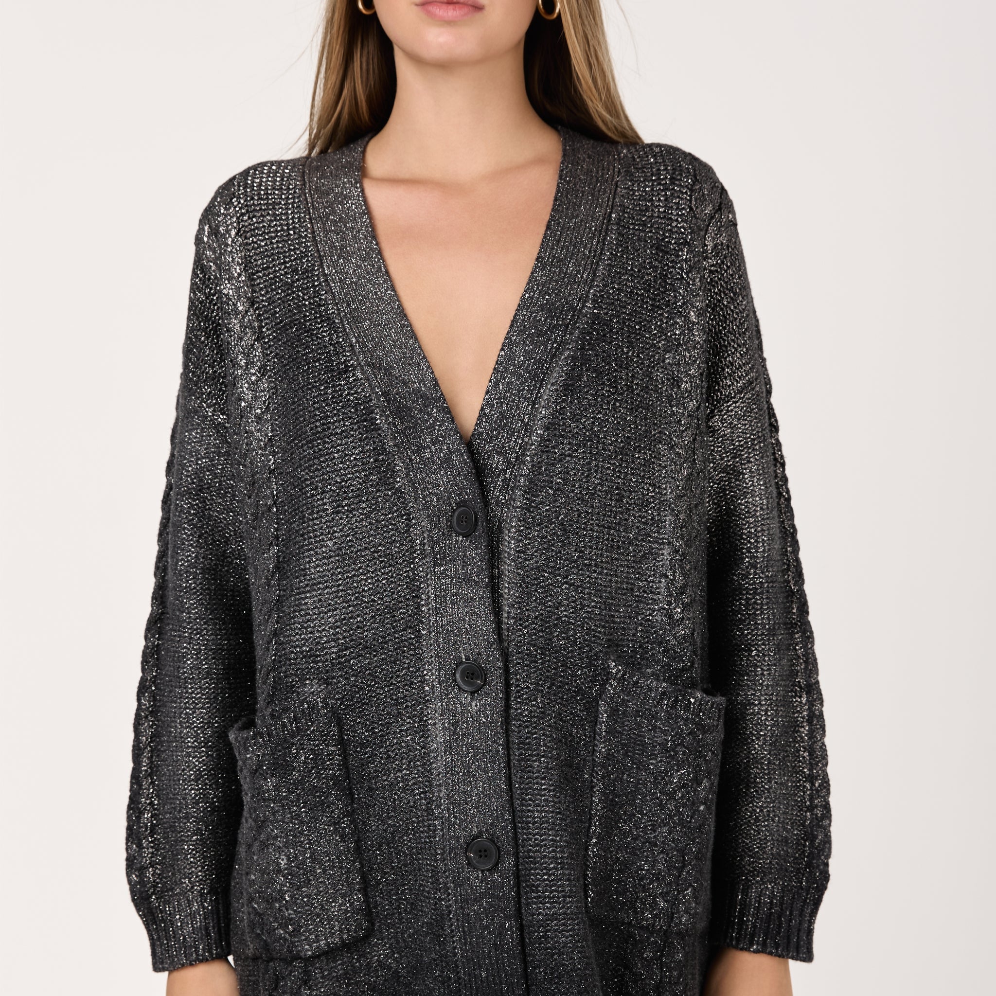 Star Dust Effect Long Raglan Cardigan in Nero