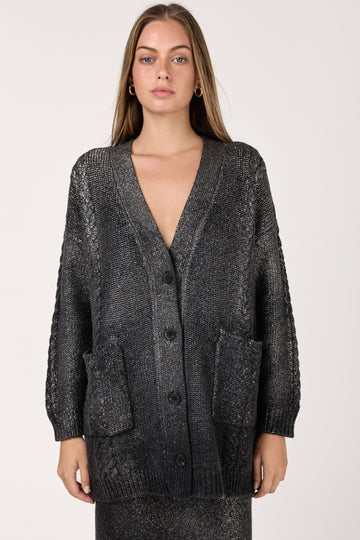 Star Dust Effect Long Raglan Cardigan in Nero