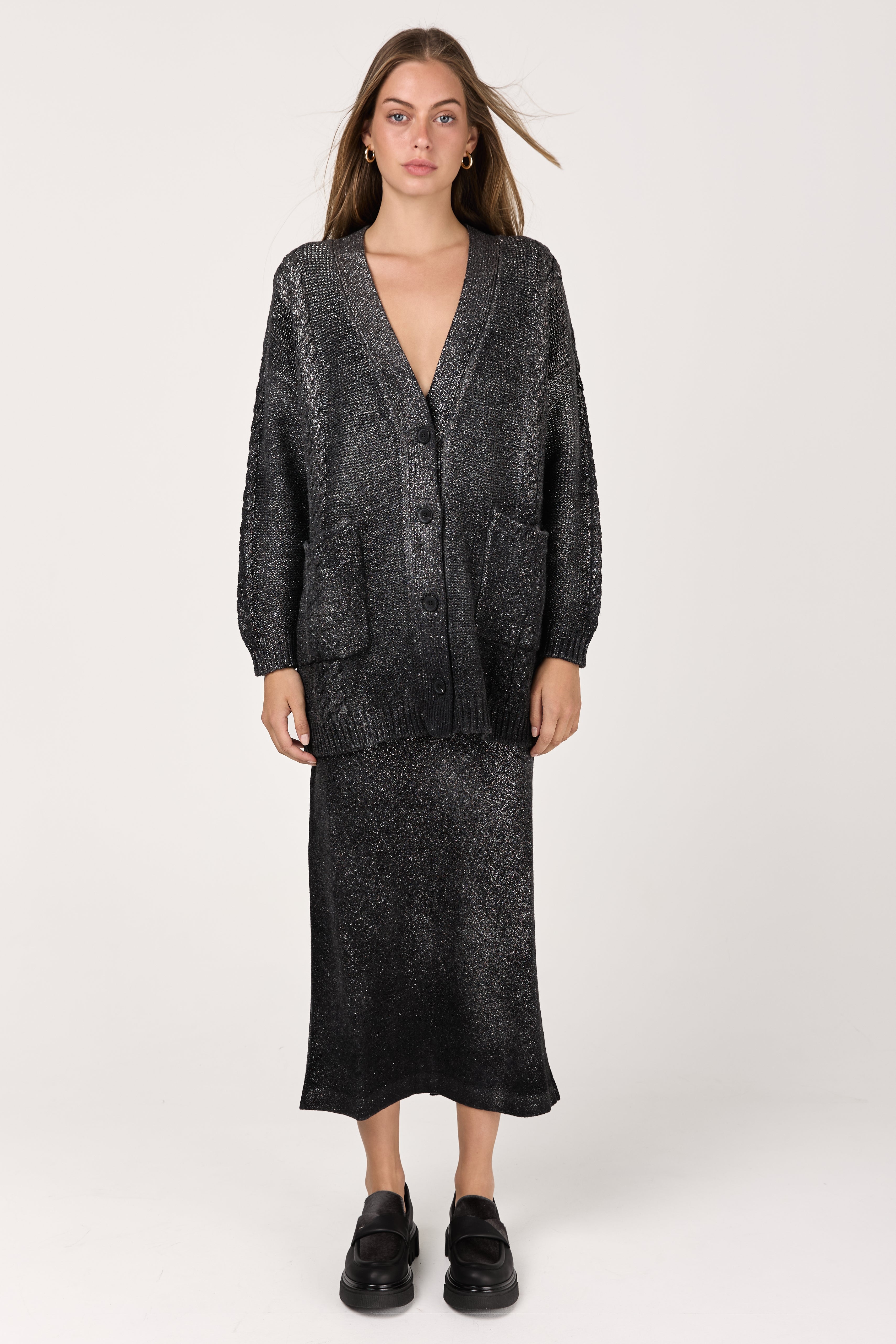 Star Dust Effect Long Raglan Cardigan in Nero
