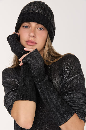 Star Dust Effect Long Ribbed Gloves in Nero