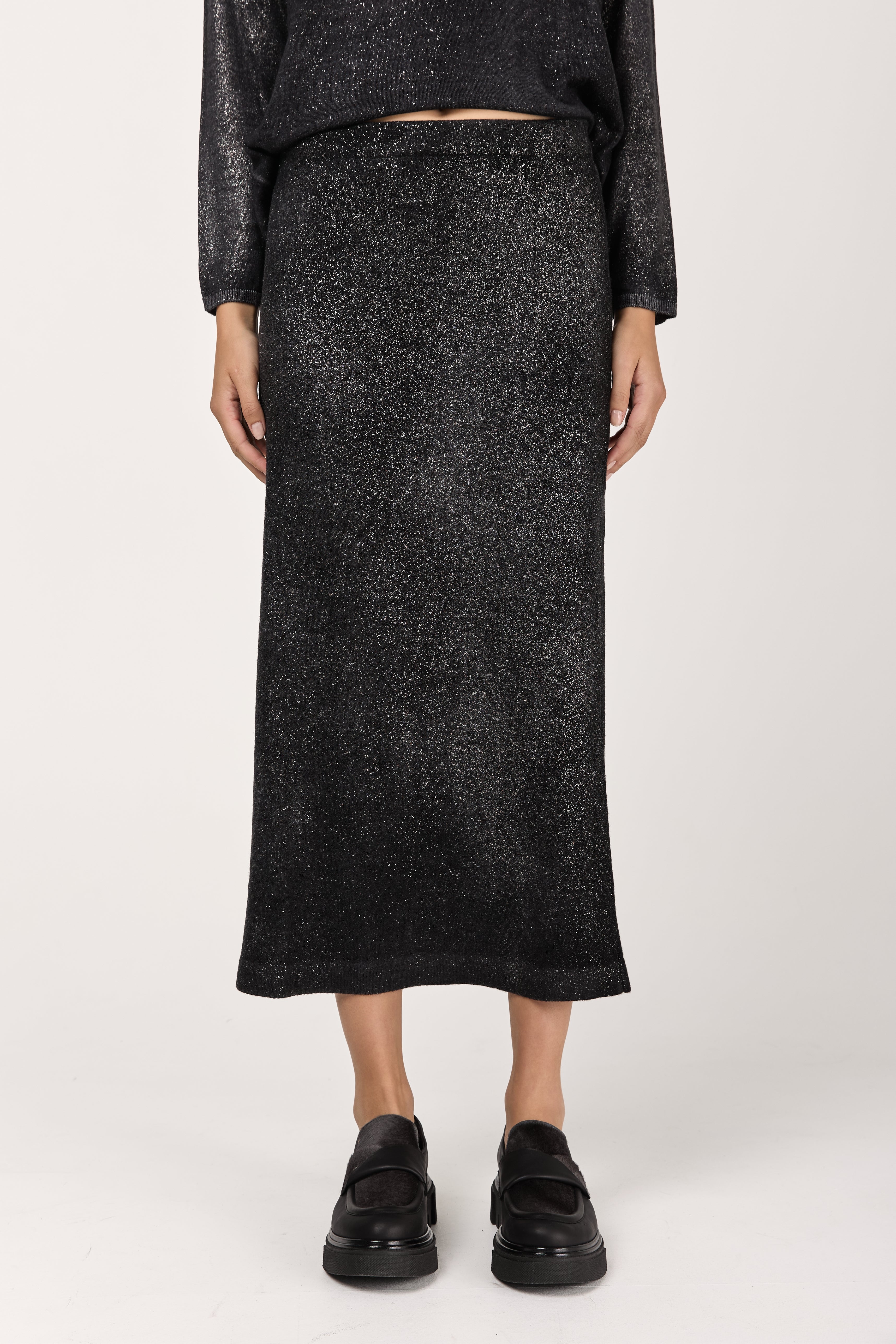 Star Dust Effect Ultralight Cashmere Skirt in Nero