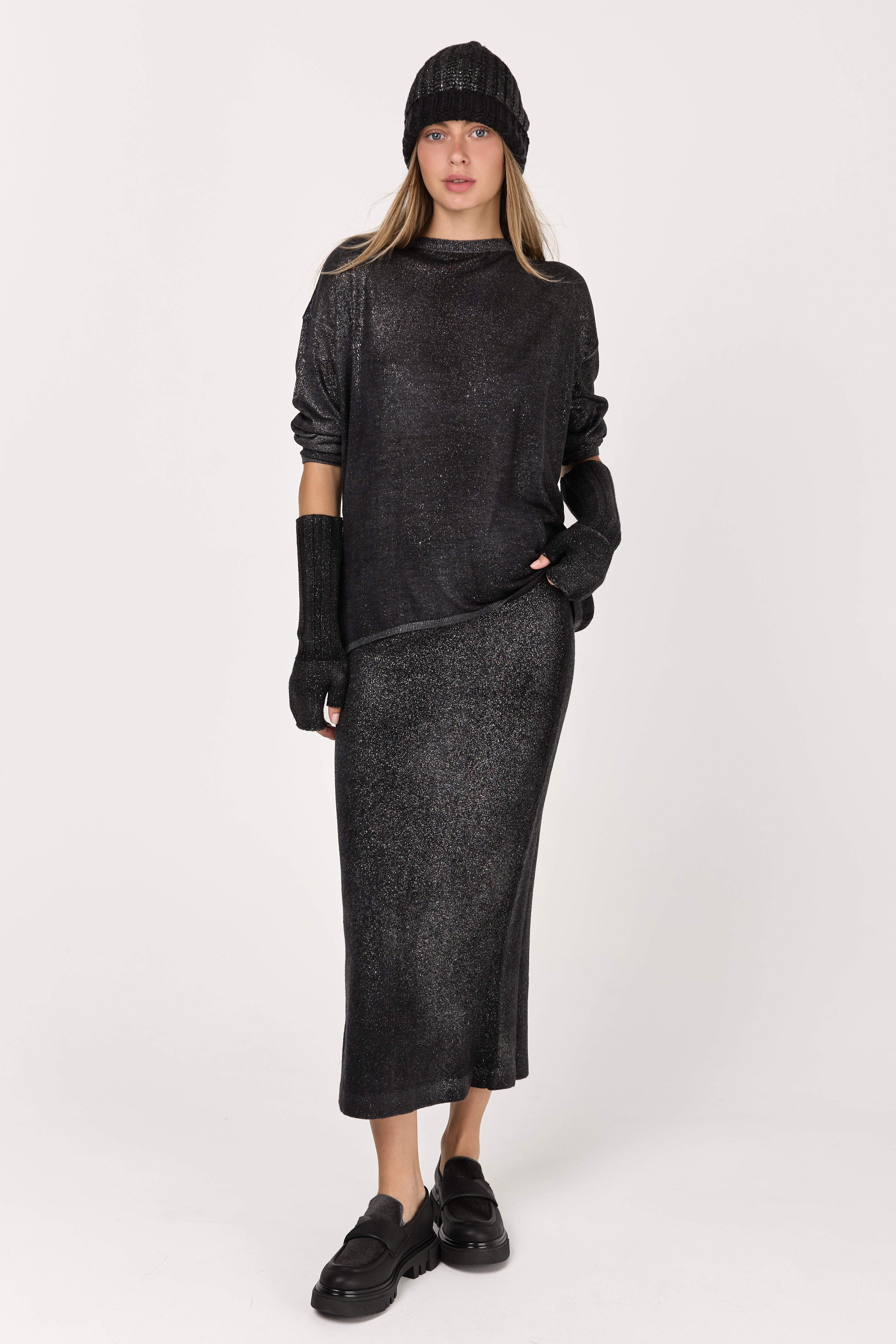 Star Dust Effect Ultralight Cashmere Skirt in Nero