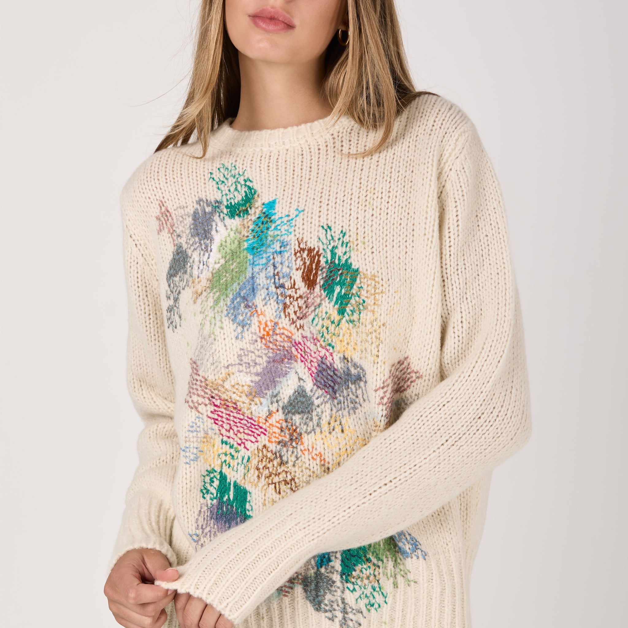 Cashmere Silk Pullover with Embroidery in Bianco