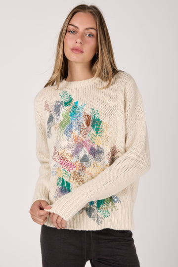 Cashmere Silk Pullover with Embroidery in Bianco