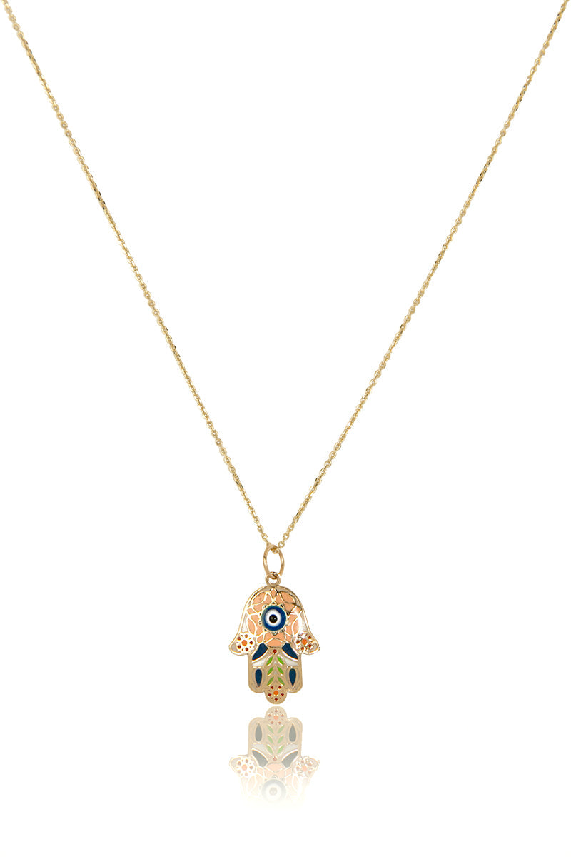 VELINA 14k Gold Treville Hamsa Pendant Necklace in Pink