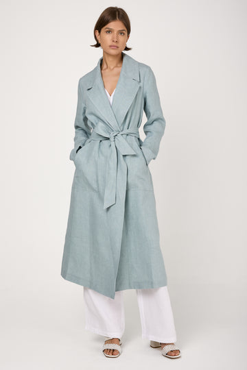 Linen Canvas Belted Coat in Acqua