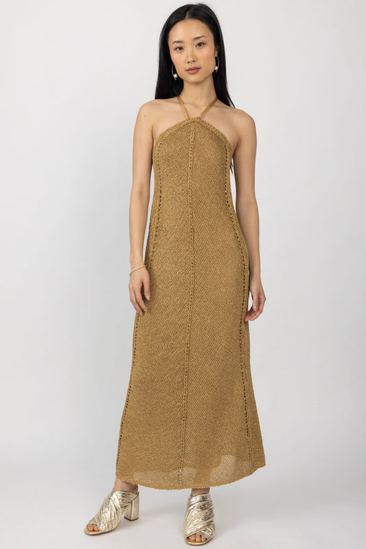 FORTE FORTE Sustainable Viscose and Raffia Maxi Dress in Gold