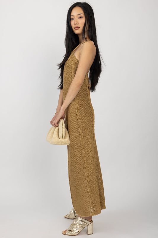 FORTE FORTE Sustainable Viscose and Raffia Maxi Dress in Gold