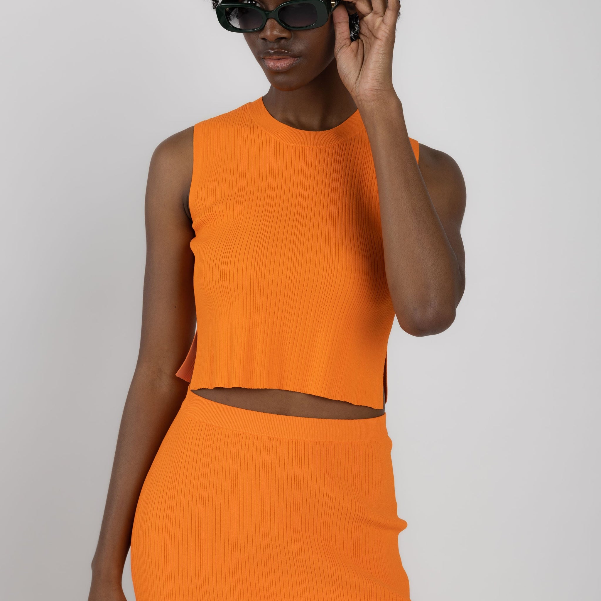 FRAME Mixed Rib Cut Out Tank in Bright Tangerine