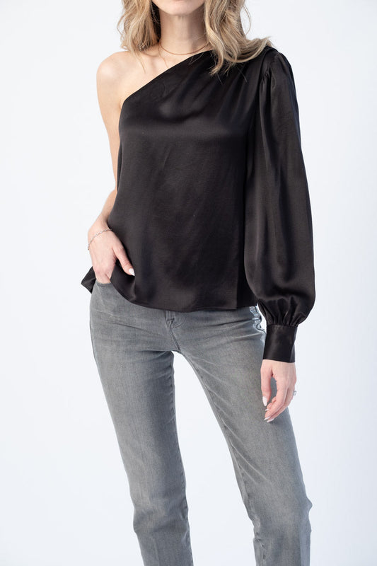 FRAME Relaxed One Shoulder Top in Noir