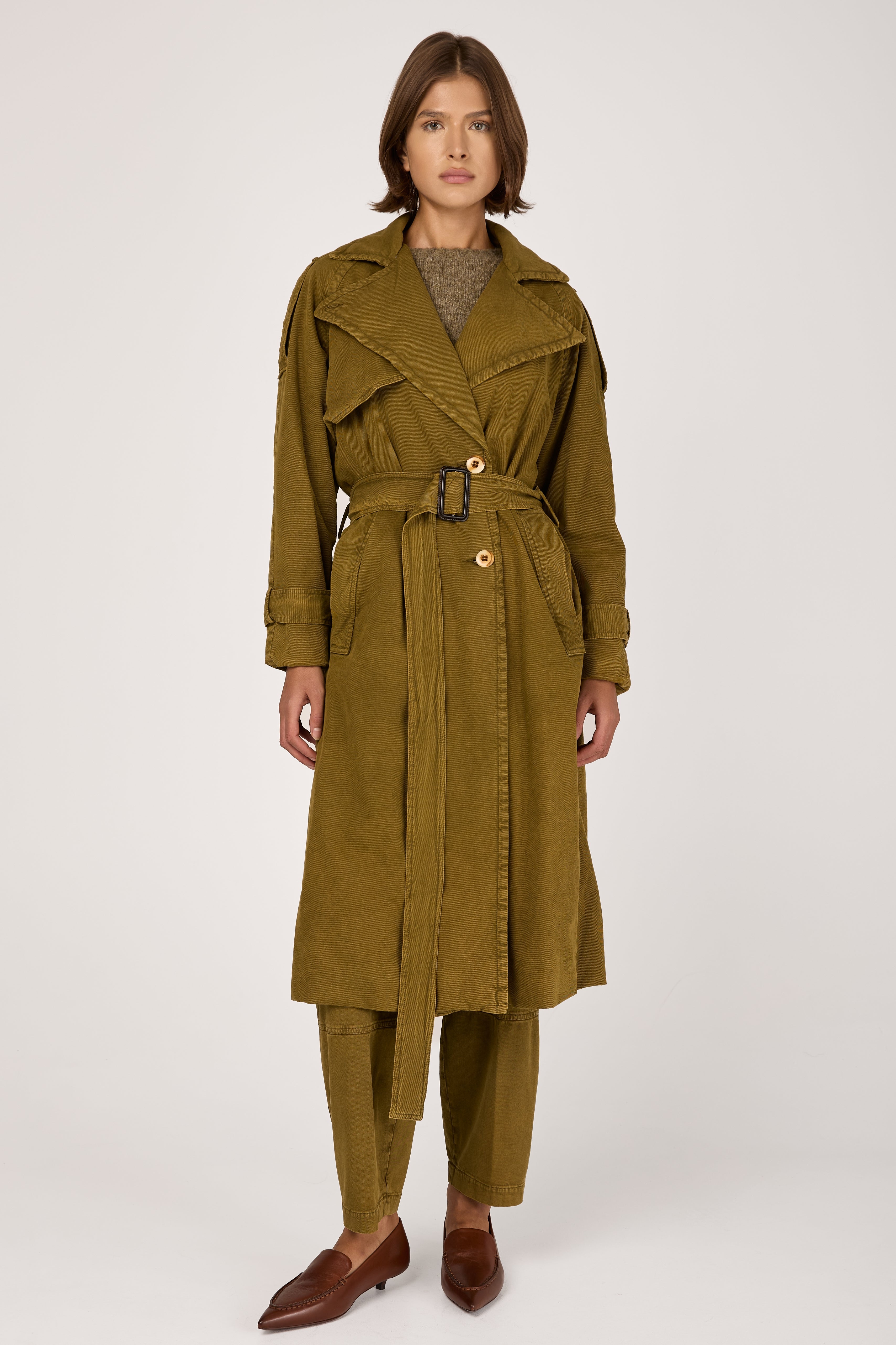 Cotton Woven Trench Coat in Oliva