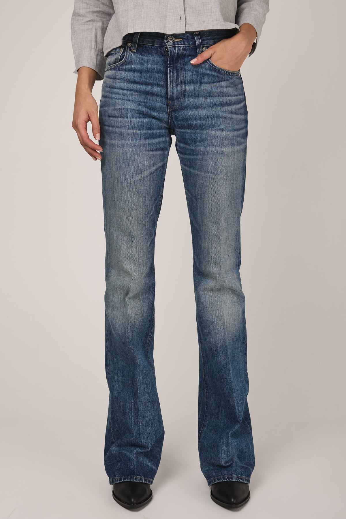 HAIKURE Flora High Rise Flared Jean in Blue Ryder
