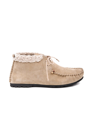 Lace-up Camoscio Leather Moccasin Shoe in Beige