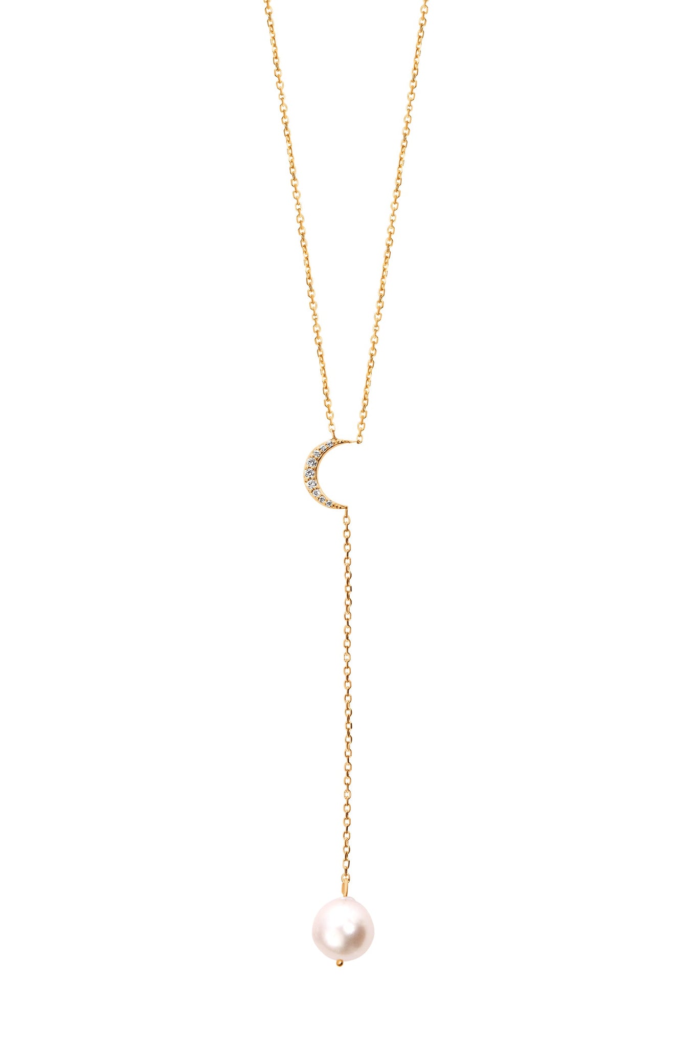 Diamond Crescent Moon Freshwater Pearl Lariat Necklace in 14k Yellow Gold