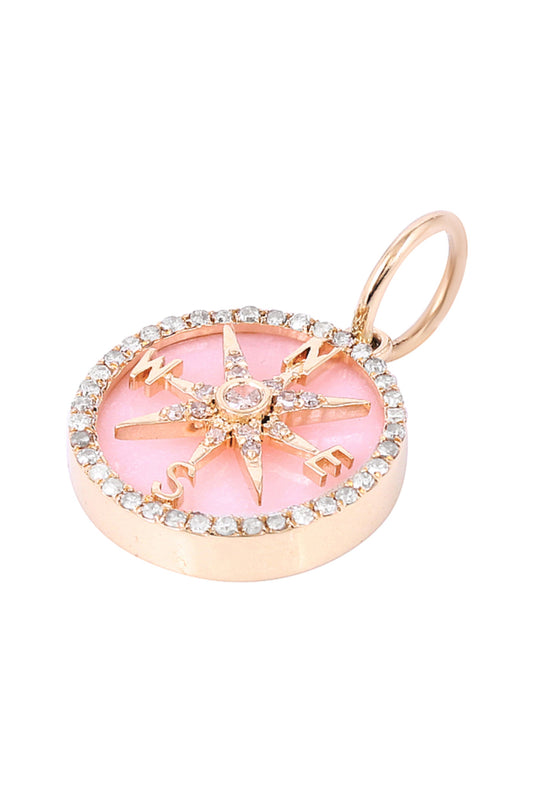 Pink Enamel Diamond Compass in 14k Gold