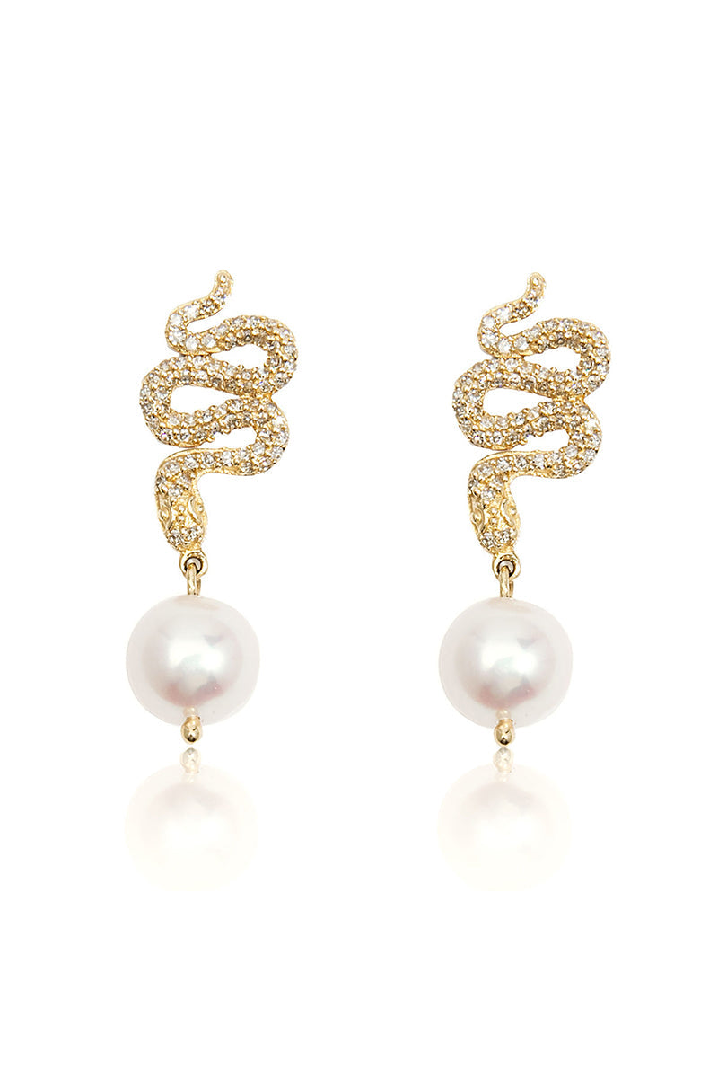 L.A. Stein Diamond Snake White Semi Baroque Pearl Drops in Yellow Gold