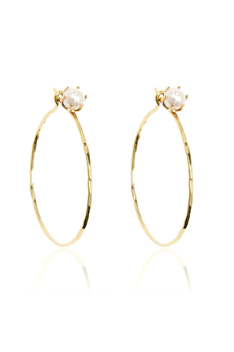 L.A. STEIN Diamond Stud Semi Baroque Pearl Hoops in Yellow Gold