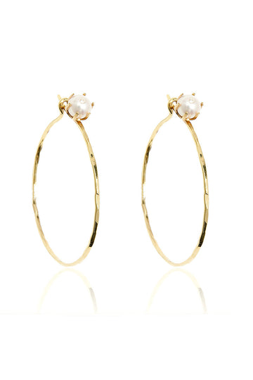 L.A. STEIN Diamond Stud Semi Baroque Pearl Hoops in Yellow Gold