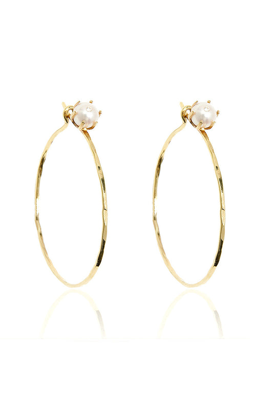 L.A. STEIN Diamond Stud Semi Baroque Pearl Hoops in Yellow Gold