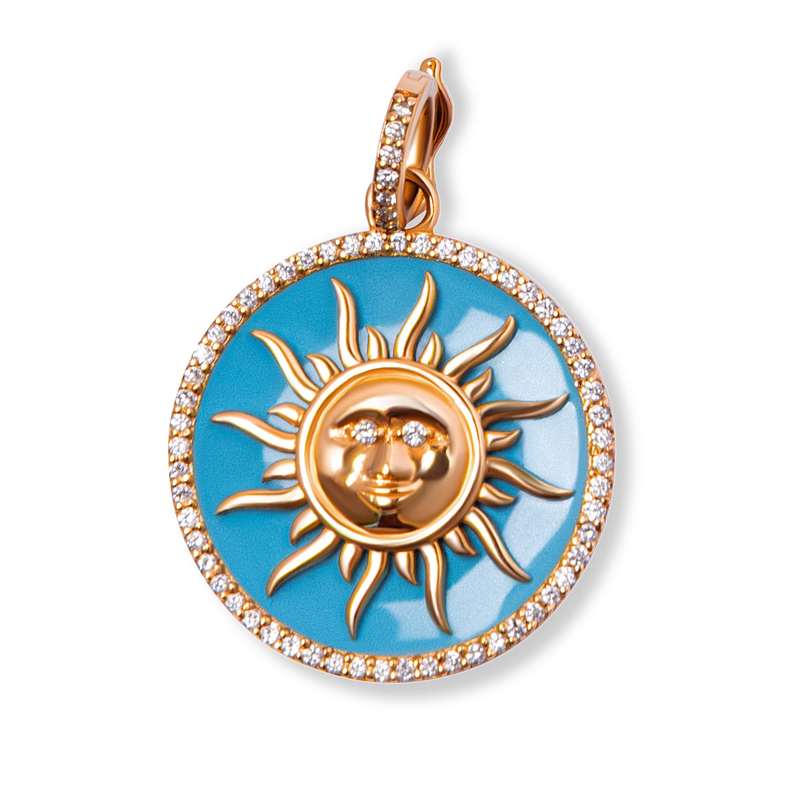 18K Gold Sun Pendant with Diamond & Turquoise Enamel – Large