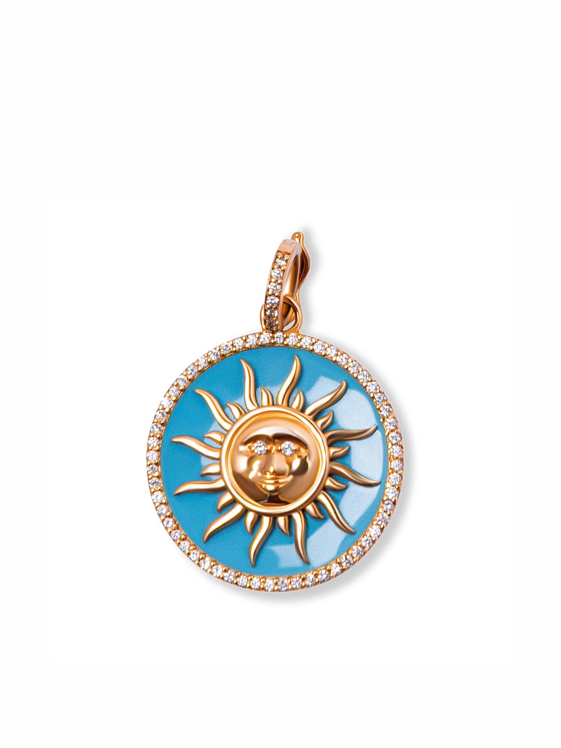 Diamond Sun Pendant Large with Turquoise Enamel in 18k Yellow Gold