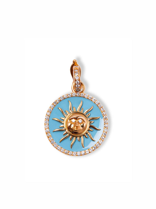 L.A. STEIN Diamond Sun Pendant Small with Turquoise Enamel in 18k Yellow Gold