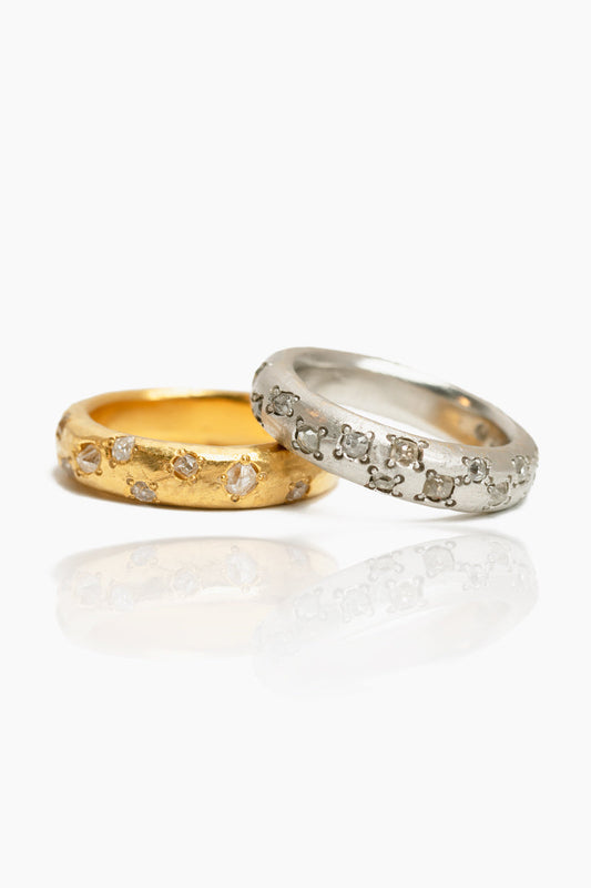 L.A. STEIN Platinum Handmade Band Ring with Vintage Diamonds