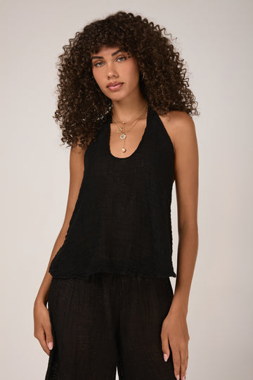 LA BOTTEGA DI BRUNELLA Cairo Linen Aloe Halter Top in Black