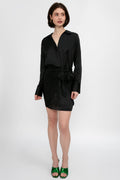 L'AGENCE Atlas Silk Satin Wrap Effect Dress in Black