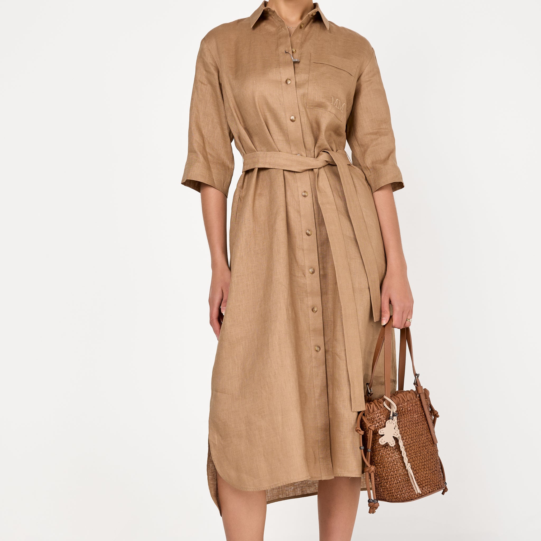 Salute Linen Button-Down Long Dress in Camel