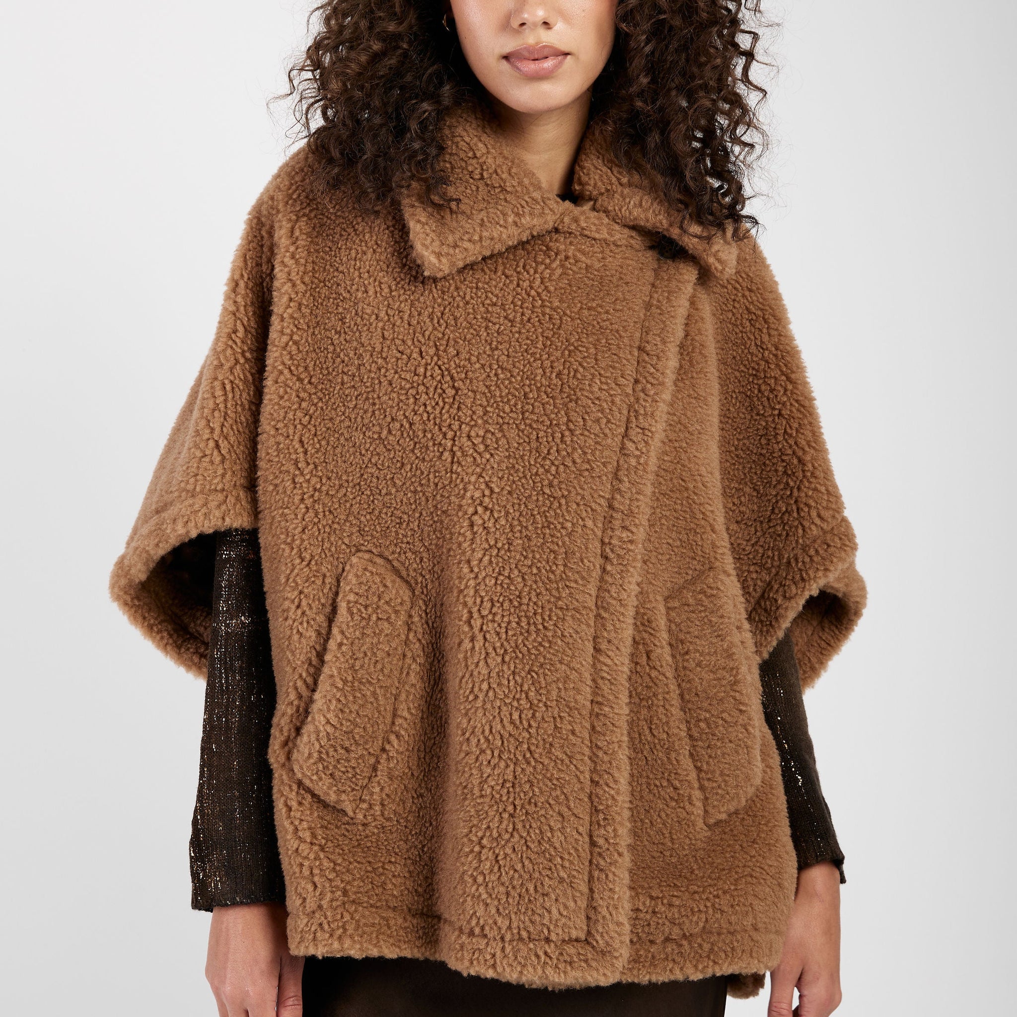 MAX MARA Tebe Teddy Cape Wrap Poncho in Camel