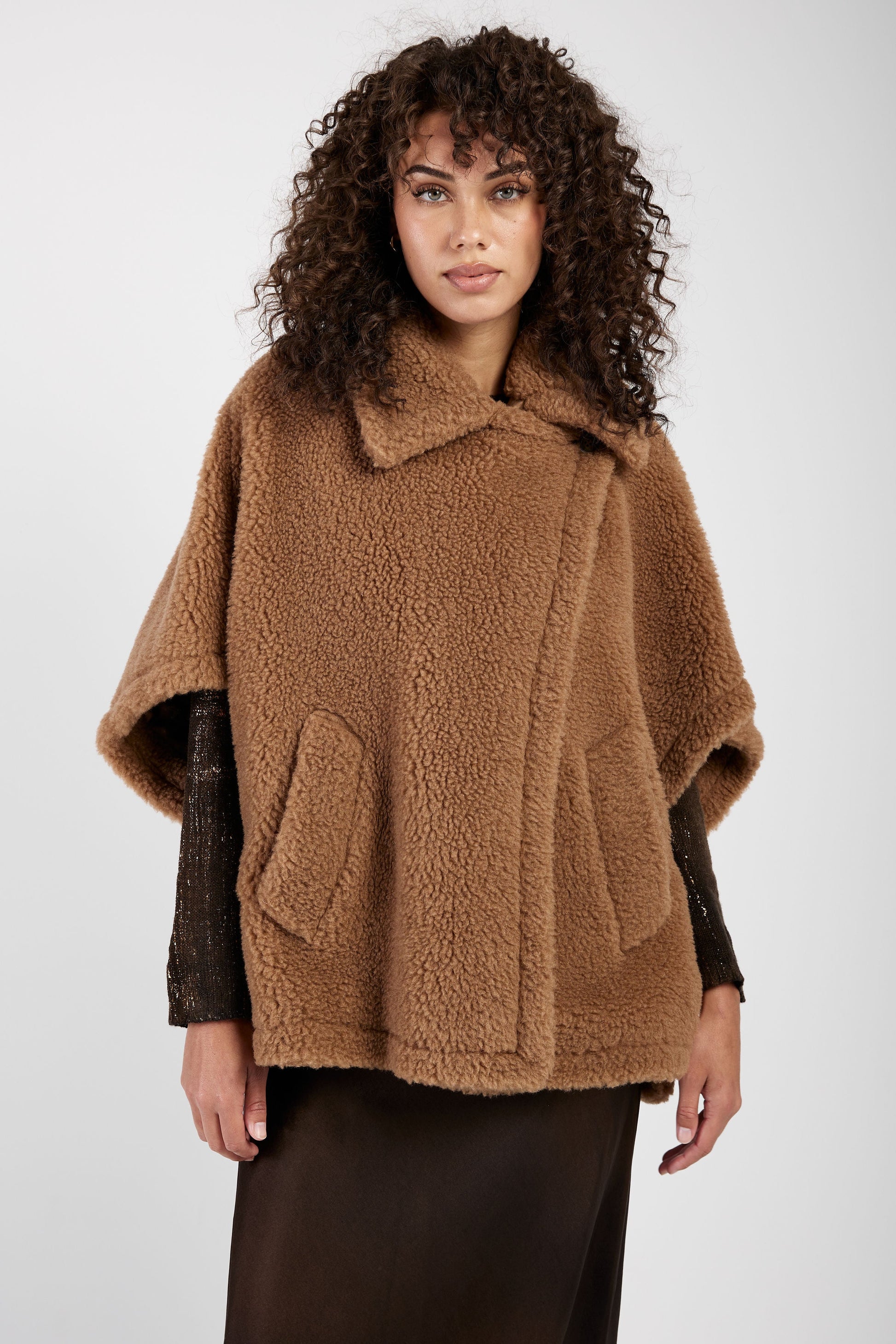 MAX MARA Tebe Teddy Cape Wrap Poncho in Camel